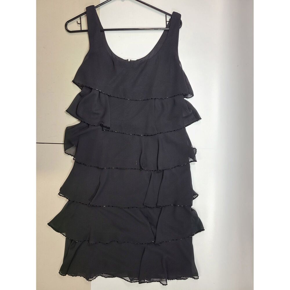 Patra Black Tiered Ruffle Mini Dress with Beaded Trim, Size 12